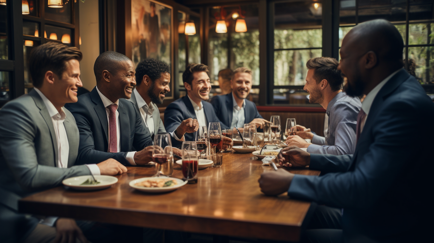 Men gathered at a candlelit dinner table